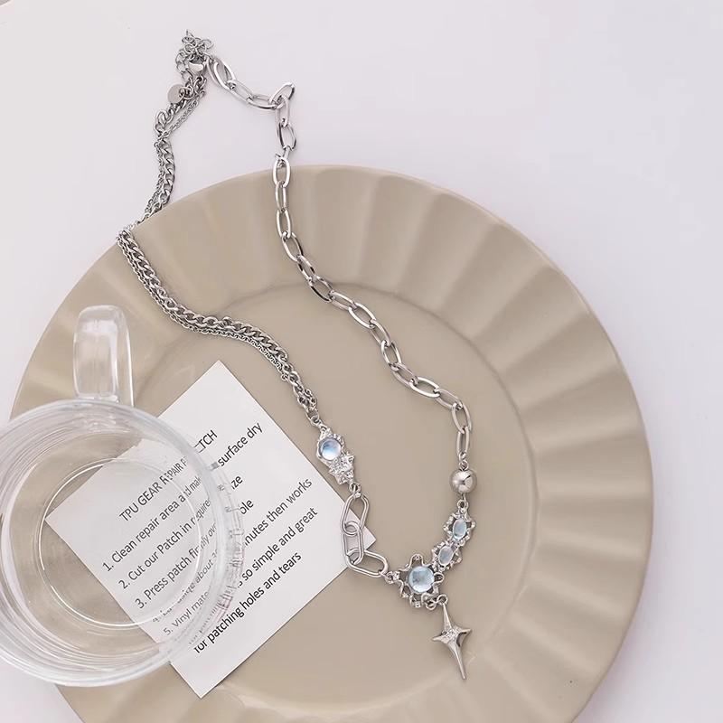 Titanium steel non-fading moonstone cross necklace women's summer light luxury niche design sense senior spice girl collarbone chain