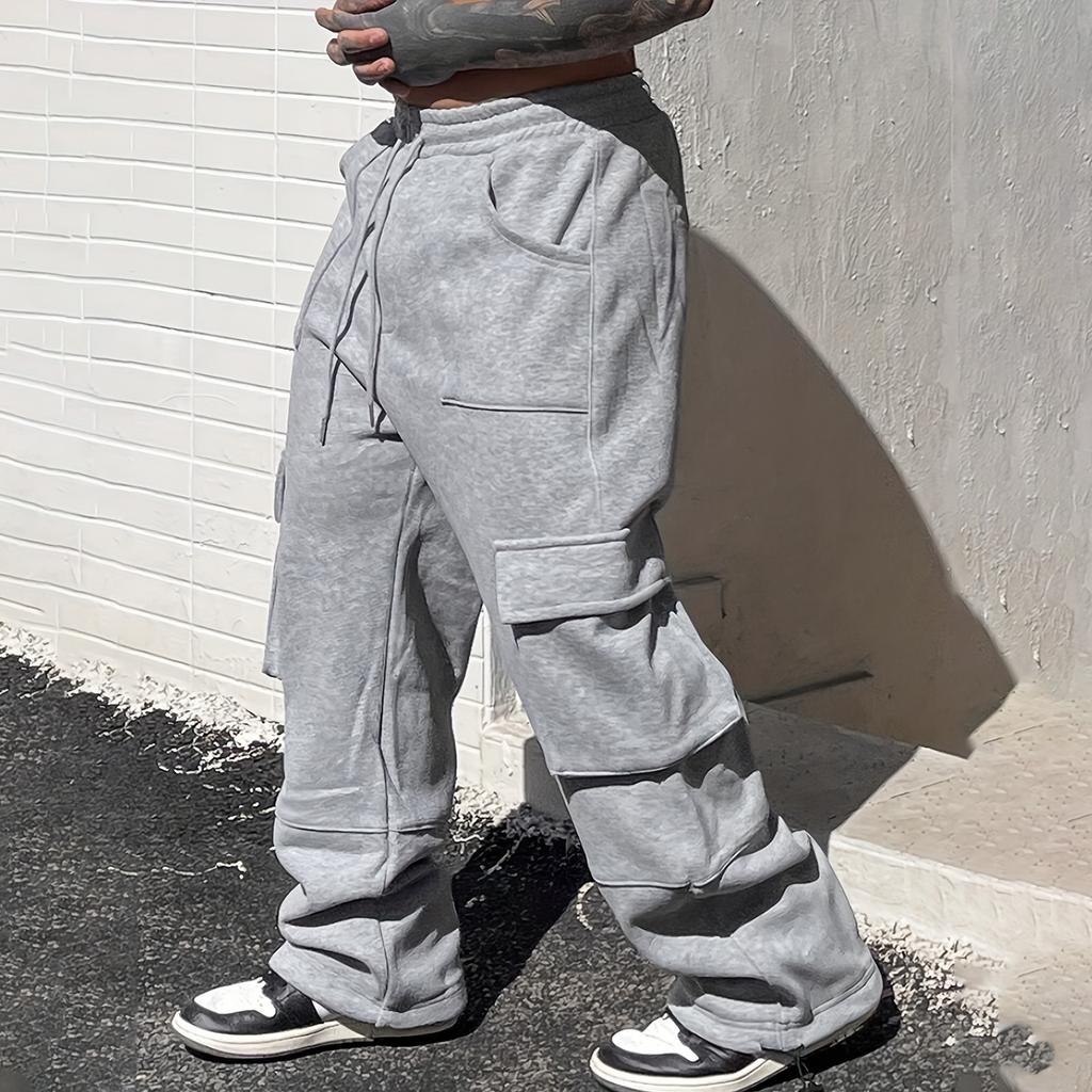 Pantaloni de trening largi cu picior lat pentru bărbați, culoare uni, pantaloni de trening casual pentru bărbați