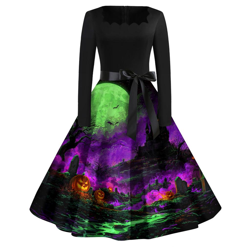 Women's Casual Vintage Halloween Print Square Neck Long Sleeve Dress with Waist Bow Tie Retro Style Flared Skirt
