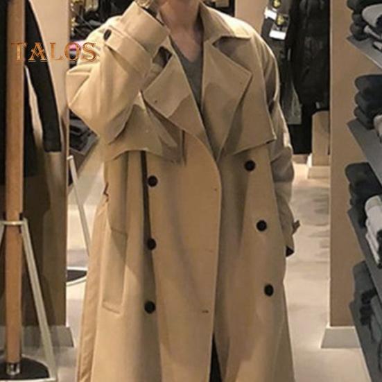 Herren Windjacke Revers Langarm Zweireihig Verstellbarer Gürtel Trenchcoat mit Taschen Einfarbig Lockere Passform Mittellange Oberbekleidung