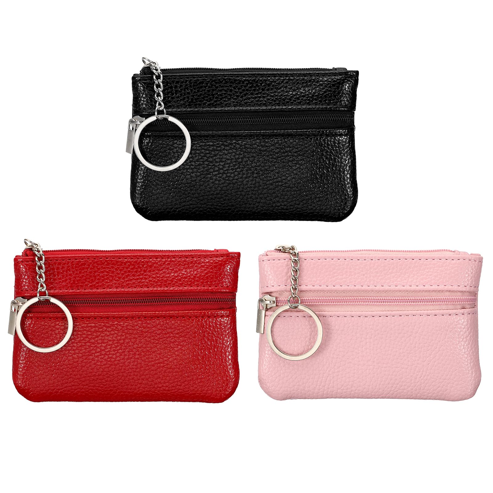 

PATIKIL 4.5 x 3 Coin Purse Pouch, Pack of 3, Leather Coin Purse Organizer Bag with Zipper and Key Ring for Men and Women, Black, Red, and Pink