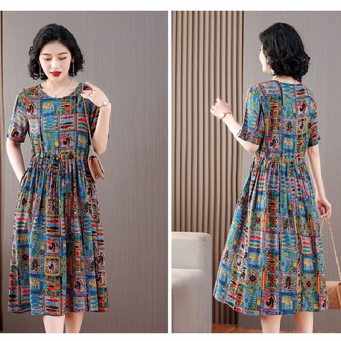 Mid-Length Floral Print Short-Sleeve Dress with Drawstring and Pockets for Mature Women