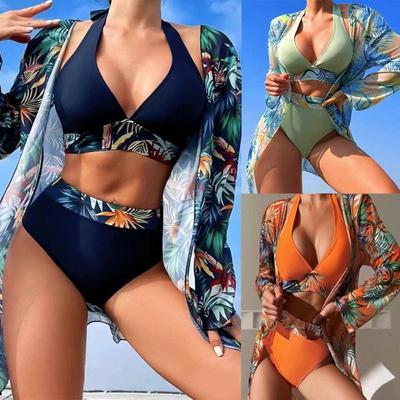 European and American Sexy Bikini Mesh Three-piece Gathering Split Printing Swimsuit Women