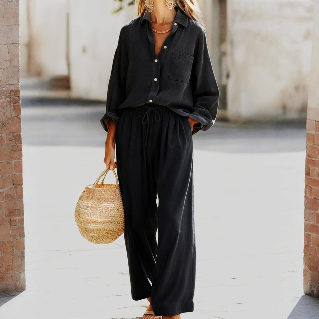 Fashion Women's Color Set, Women's Imitation Cotton And Linen Loose Long Sleeved Top Set, Women's