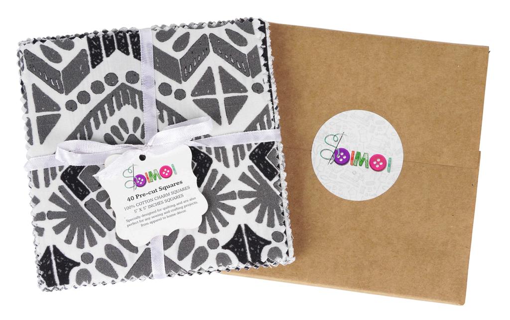 Soimoi Ikat Print Precut 5-inch Cotton Fabric Quilting Squares Charm Pack DIY Patchwork Sewing Craft- White &