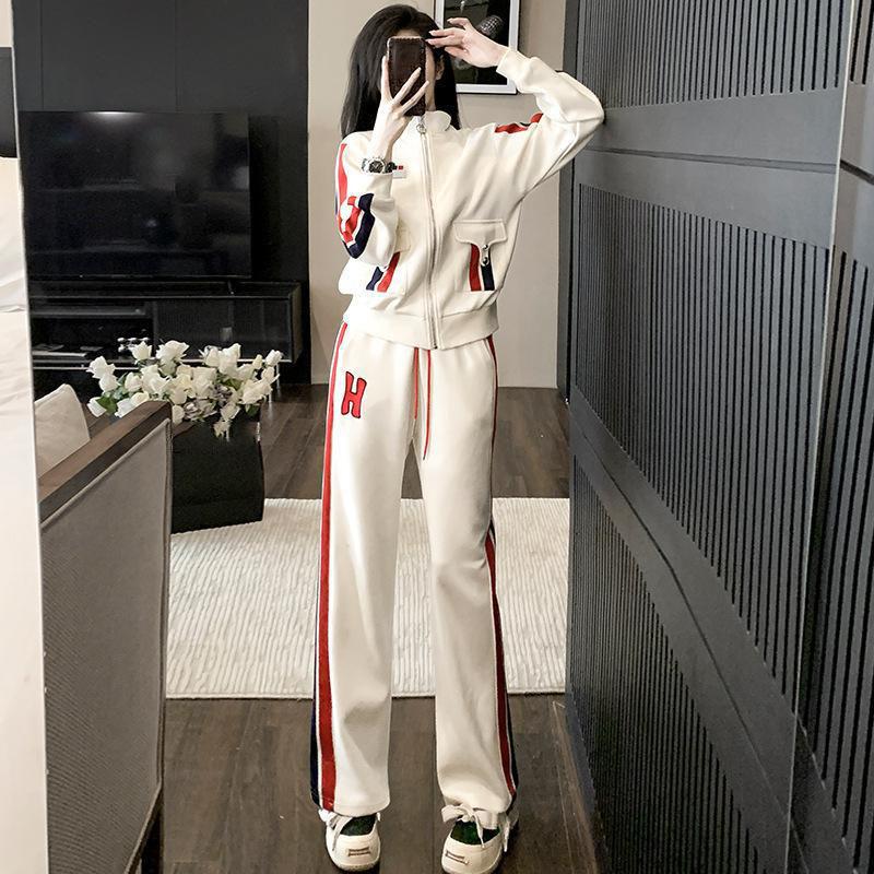 White Standing Collar Contrasting Zippered top for Women's Spring and Autumn Seasonal College style Casual Wide Long Sleeved set