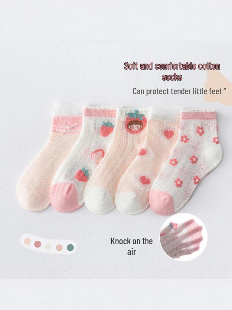 5 Pairs of Breathable Mesh Mid-Calf Lace Socks for Baby Girls - Perfect for Spring/Autumn