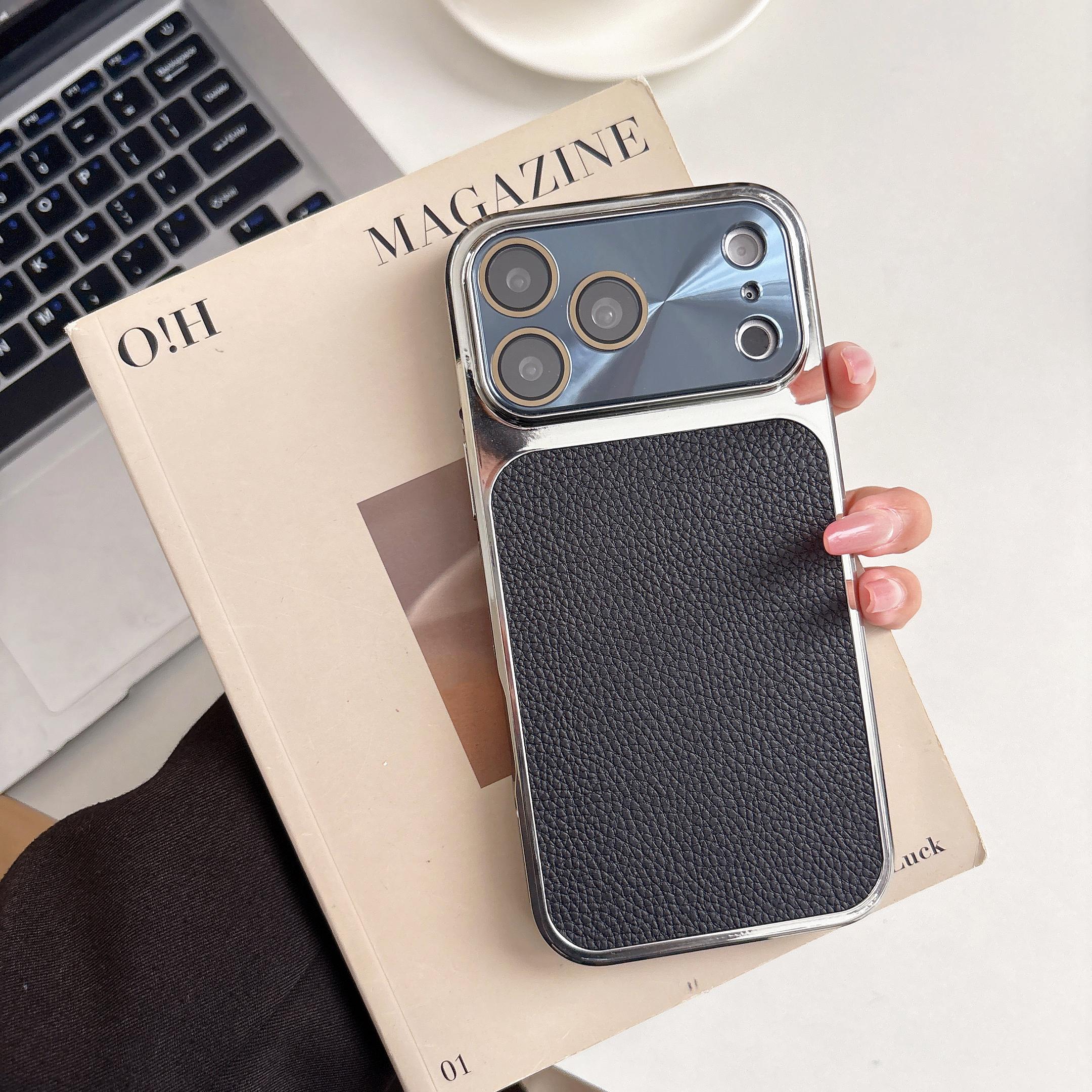 

Лазерный защитный чехол с узором личи для iPhone 17 16 15 14 13 Pro Max Матовая plating рамка Противоударный чехол iPhone17 Pro Max чёрный