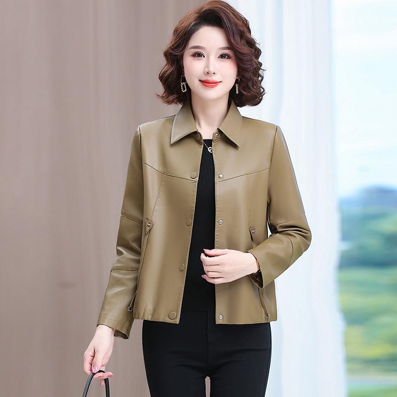 Spring 2025 Women's PU Leather Jacket - Short, Casual, Versatile Style for Middle-Aged Moms