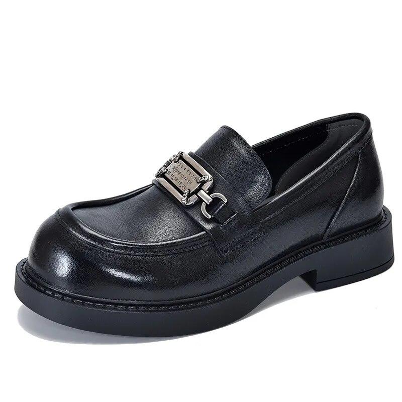 Johnature Metallspenne Loafers ekte skinn Pumps Britiske allsidig rund tå lavhæl damesko