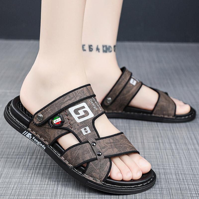 Hausschuhe Mann Sommer Hausschuhe für Herren PU-Leder Pantoletten Schuhe Original Strand Wasser Doppelzweck Sandalen Outdoor Rutschfest Weich So