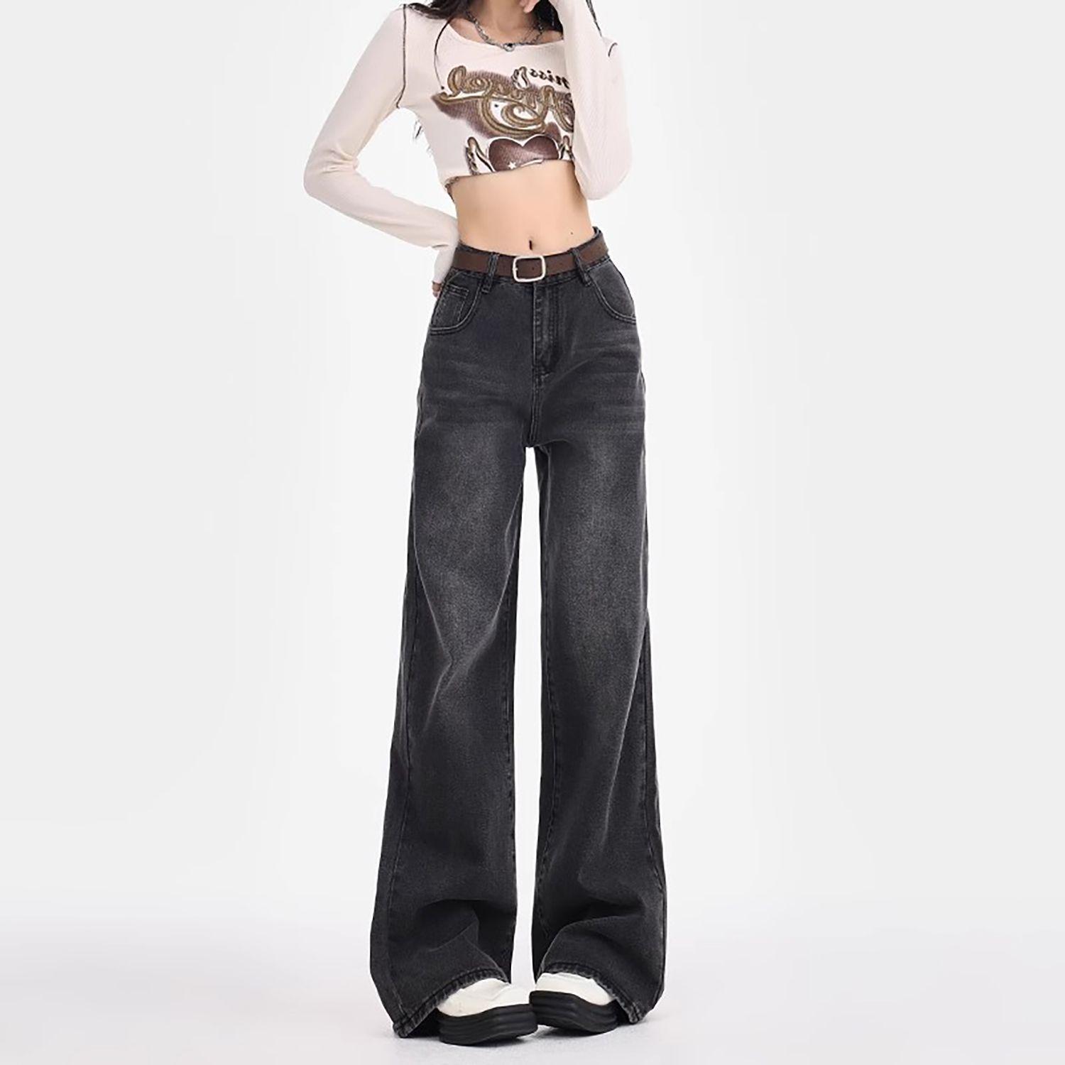 

Женские джинсы с высокой посадкой, черно-серые, прямого кроя - свободные, стройнящие брюки широкого кроя для весны и осени 2025 S