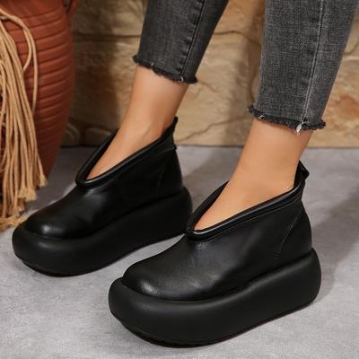 Retro Leather Booties Women's New Ethnic Style Big Round Toe Platform Casual Comfortable Non-slip Platform Shoes