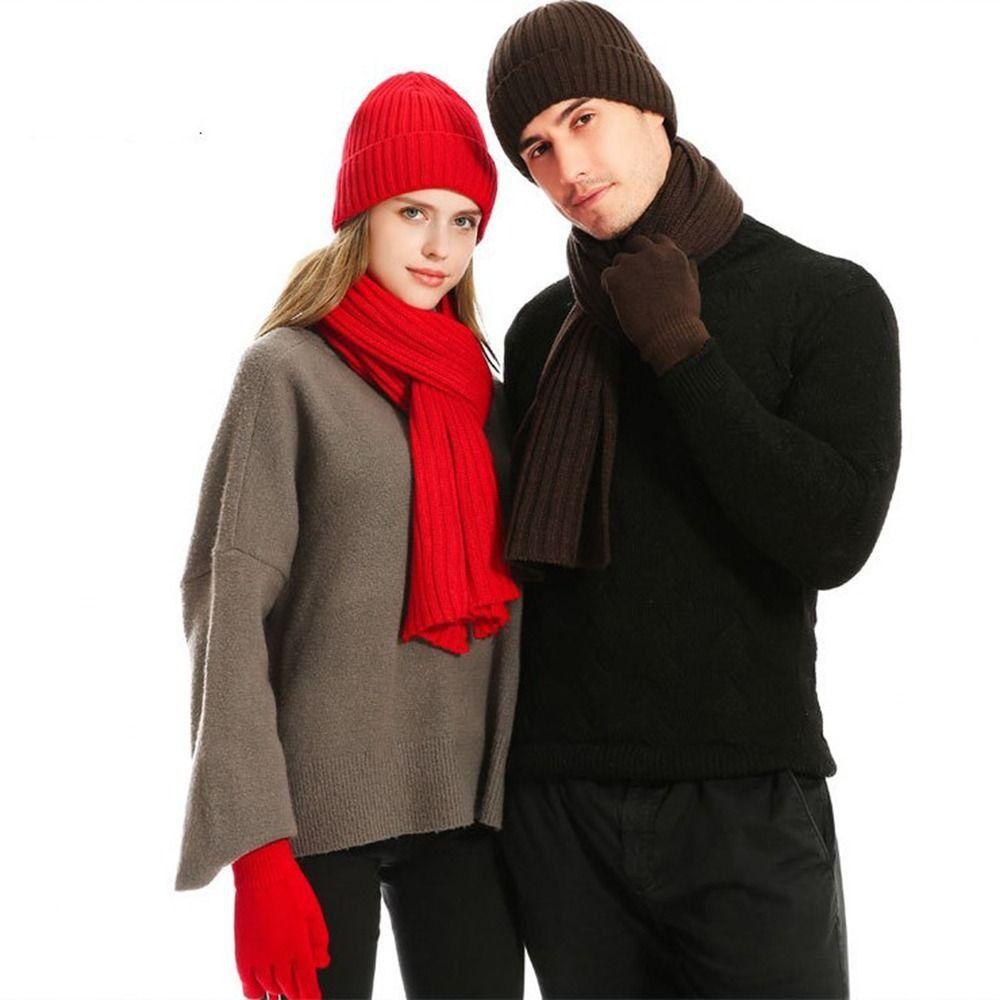 3 In 1 Hat Scarf Gloves Set Solid Color Touchscreen Gloves for 3Pcs/Set Gifts