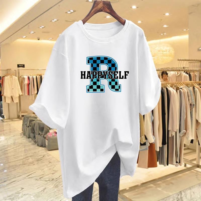 

Pure cotton medium and long white T-shirt women s short-sleeved butt cover large size loose letter printed top versatile half-sleeved ins S