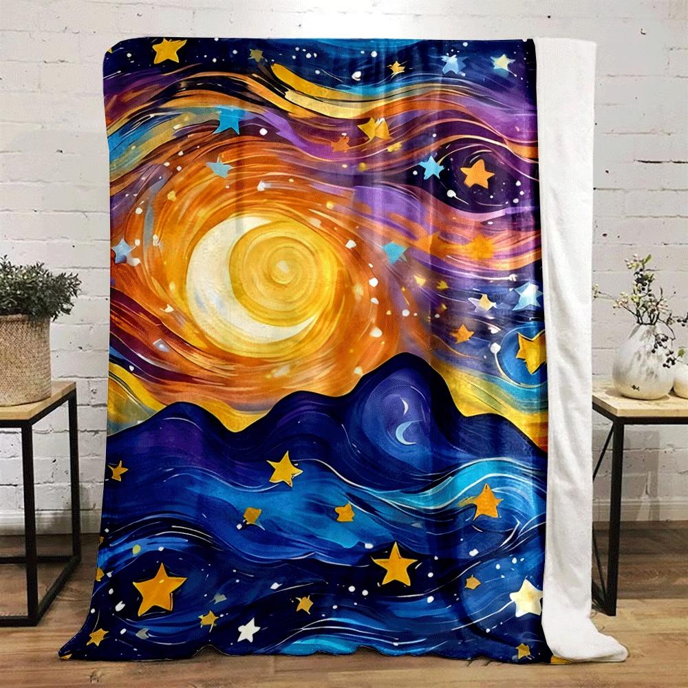 Swirling Night Sky with Stars, a Crescent Moon, and Abstract Mountains. for All Seasons Blanket Lunch Break Throw Gift