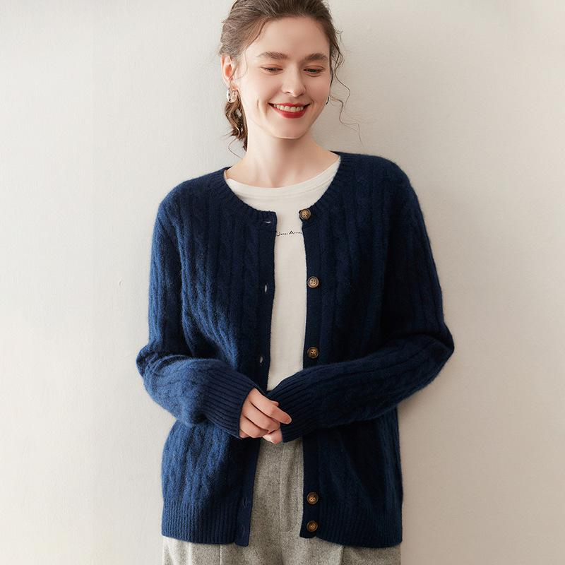 Women's Cashmere Round Neck Cardigan: Knit Long Sleeve Cable Sweater for Autumn & Winter Outerwear.