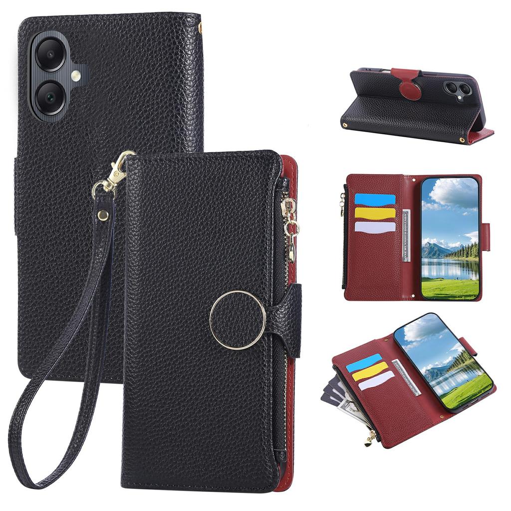 For Samsung Galaxy A05 4G Case Zipper Wallet Leather Phone Cover with Wrist Strap