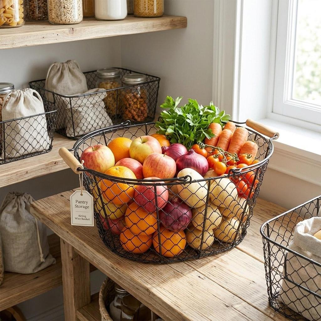 Tragbarer Drahtkorb mit Holzgriff, Vielseitiger Aufbewahrungskorb, Obst-Picknick für