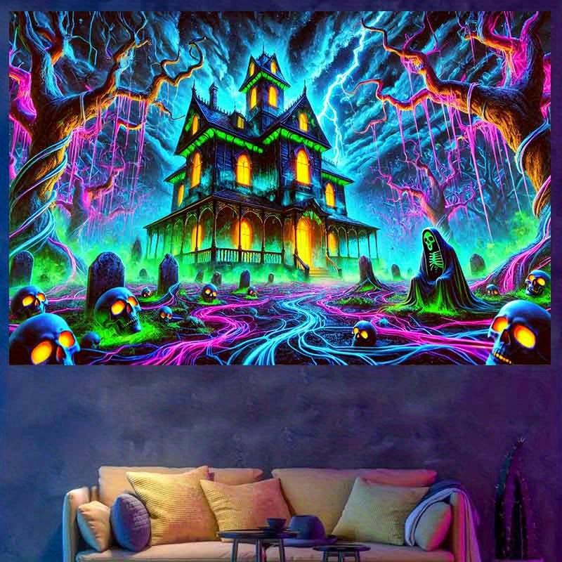 Halloween Neon Lightning Ghost House Cemetery Tapestry Eye Skull Death Reaper Tree Party Decoration 100X70CM