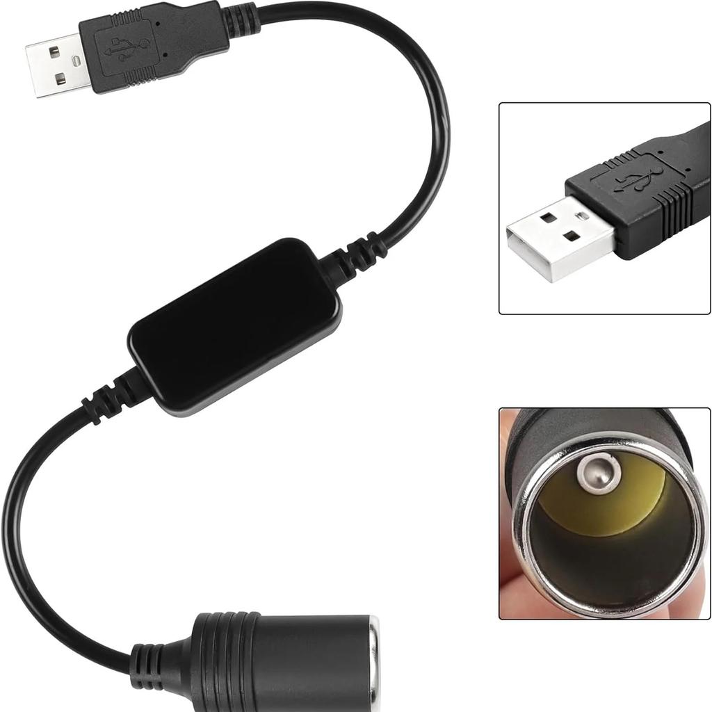 Black Thick Copper Wire 5V To 12V Driving Recorder Power USB To Lighter Adapter Cable