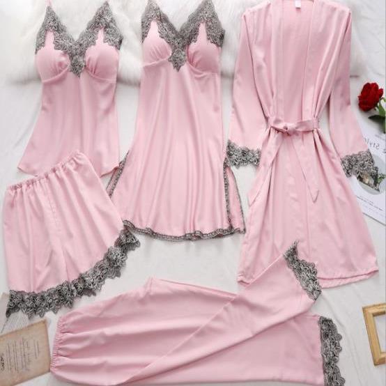 Chic Black Lace Trim 5-Piece Loungewear Set