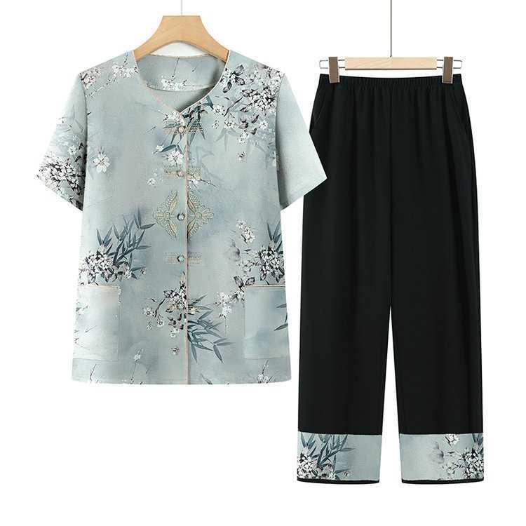 Summer Suit Set for Women: Short-Sleeved Ice Silk Shirt for Middle-Aged & Elderly Ladies