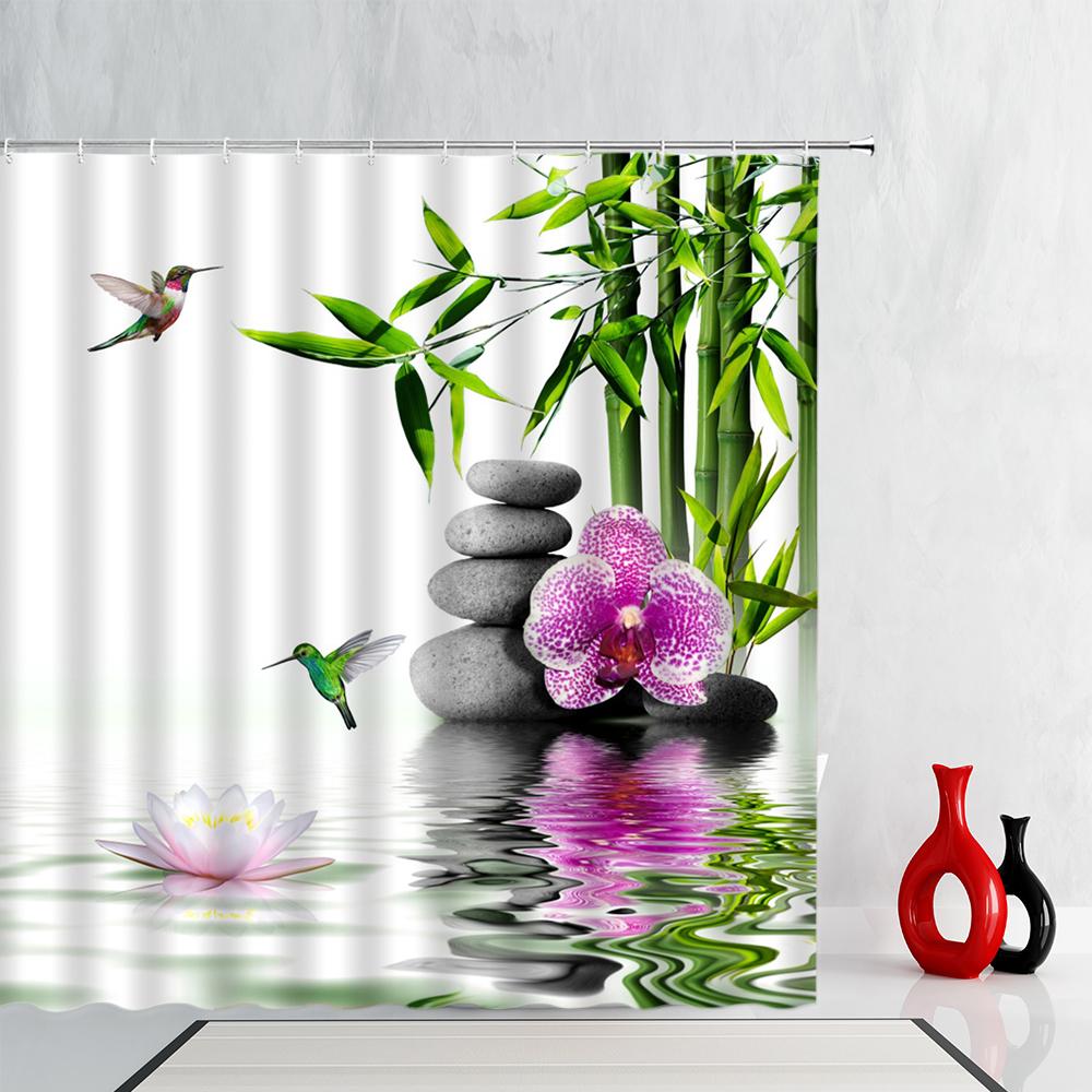 

Zen Green Bamboo Shower Curtains Purple Orchid Hummingbird Flower Plant Black Stone Spa Nature Scenery Bathroom Decor With Hooks 35x70inch-90x180cm