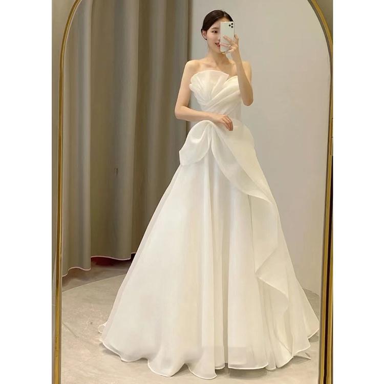 Rochie de Mireasă Ușoară Fără Bretele - Rochie de Bal Simplă și Elegantă, Rochie de Mireasă Slim Fit din Tul pentru Banchet și Petrecere