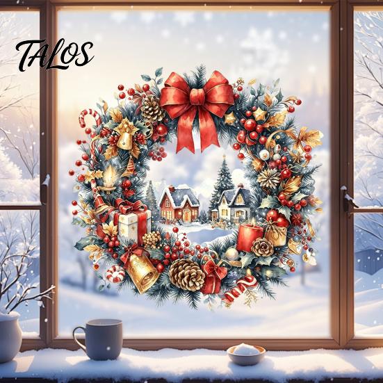 Festive Wreath Decorations Watercolor Christmas Static Window Cling, Reusable Xmas Sticker with Red Bow Seasonal Home Decor Winter Snowy Decal,