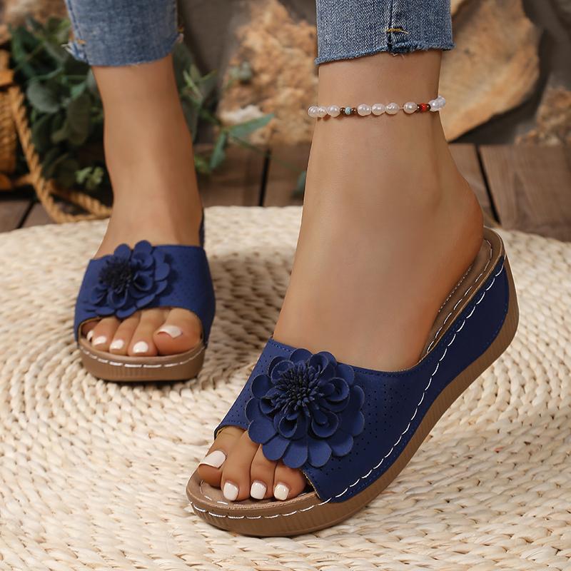 Fashion Vintage Big Floral Sandals Women Summer 2025 Comfortable Soft Sole Wedge Heels Slides Woman Casual Plus Size 43 Slippers Mujer