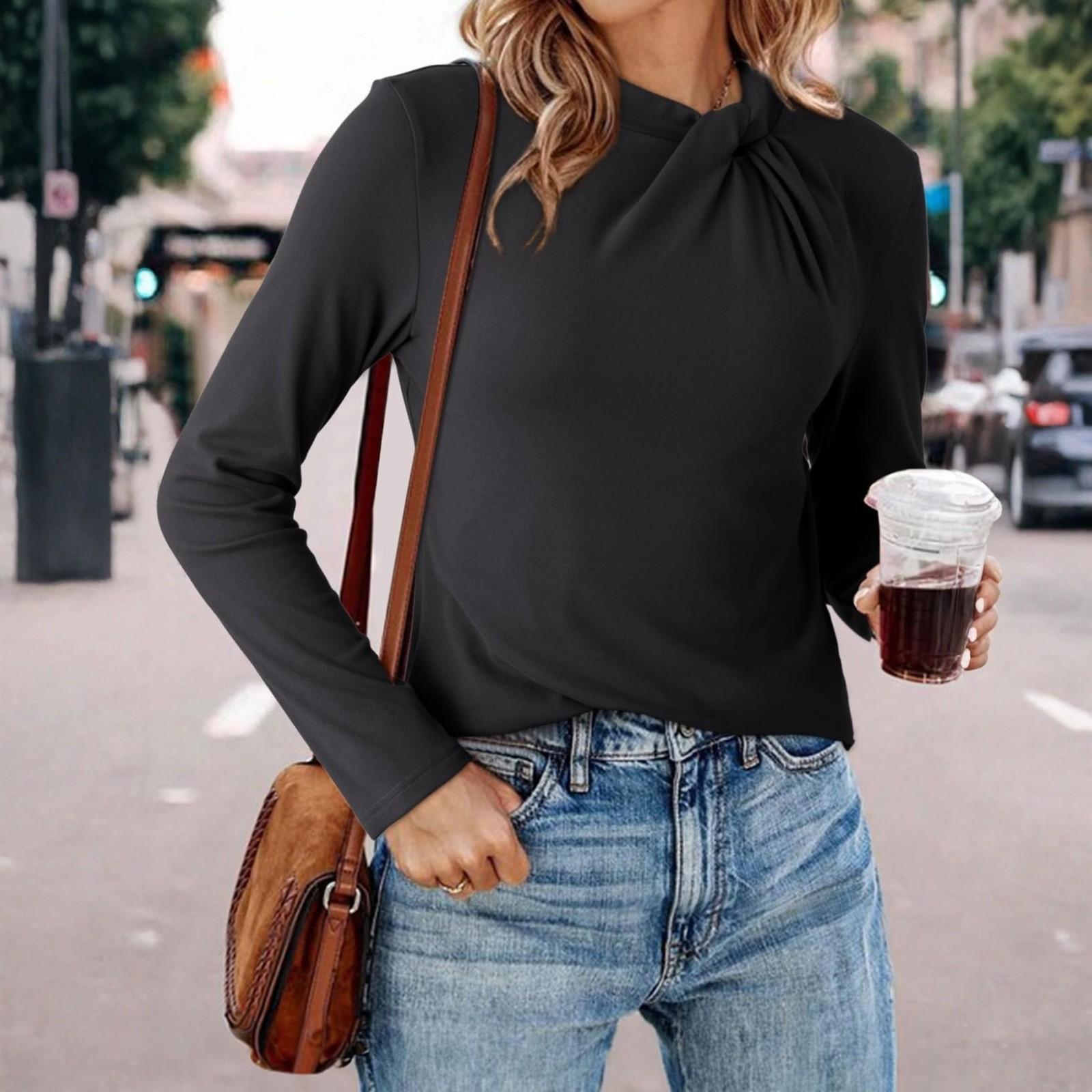 

Женский модный пуловер с круглым вырезом и длинными рукавами, однотонный, повседневный топ S чёрный