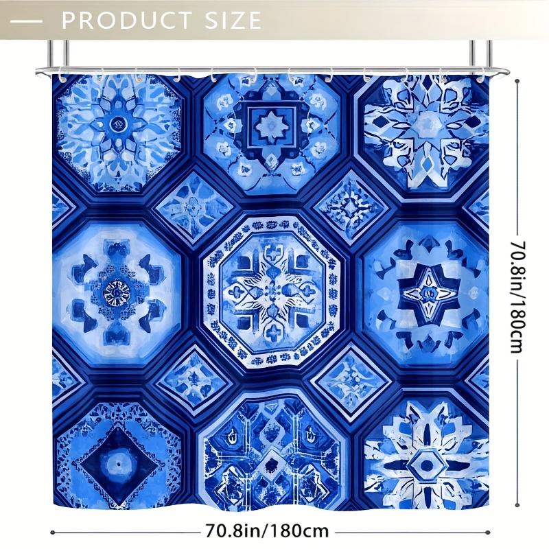 Geometric Blue Ethnic Shower Curtain - Hexagonal Elements on Light Deep Blue, Durable Polyester,Easy Clean for Bathroom Decor