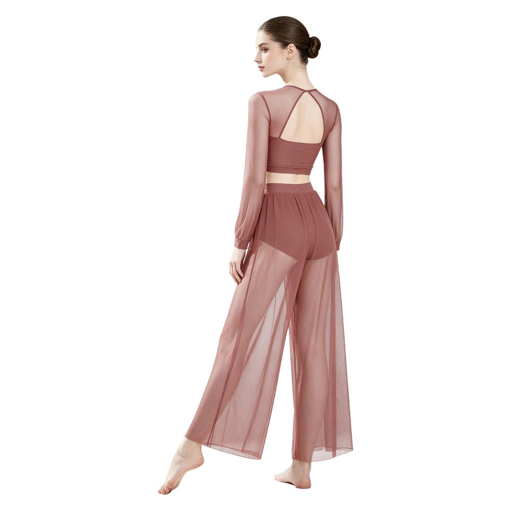 Damen Lyrical Dance Outfits Laternenärmel Rückenfreies Crop Top Eingearbeiteter Slip Netzhose Fließende Tanzbekleidung