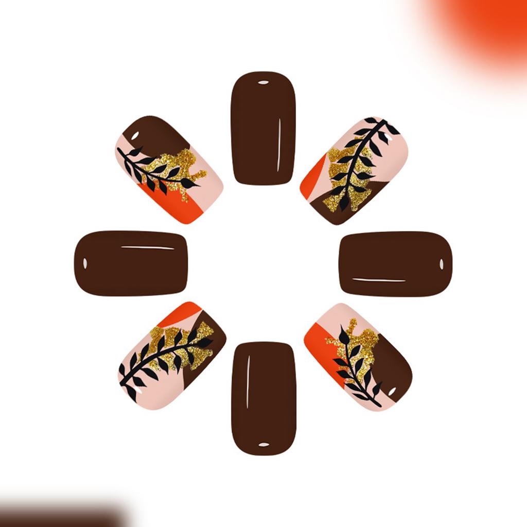 24pcs/set False Nails With Gold Foil Glitter ABS Press On Nails For Fall Winter Elegant Manicure MultiSize Reusable