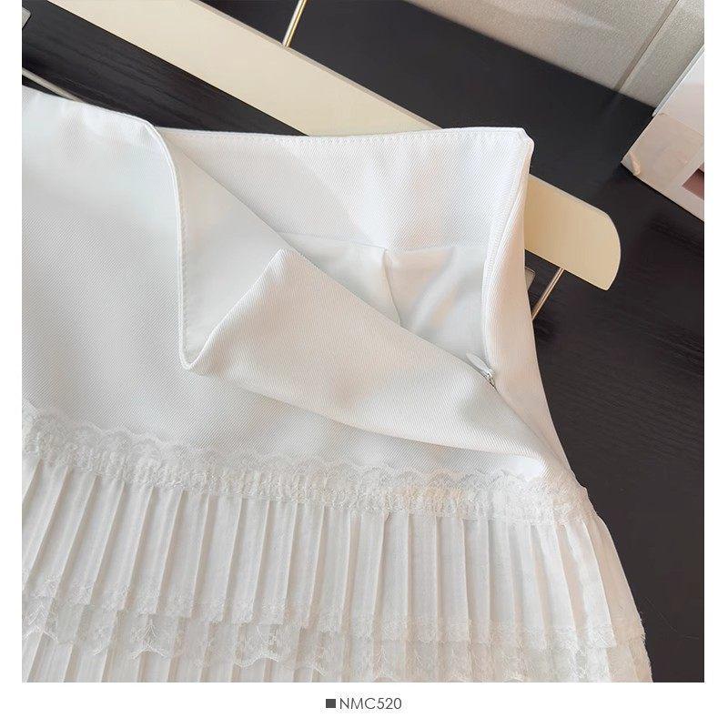 Autumn Lace Trim High Waist A-Line Pleated Skirt for Women, Plus Size, Anti-Exposure