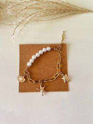 1 pz Bracciale in acciaio inossidabile con decorazioni a forma di stella marina, conchiglia, tartaruga marina e perla in stile oceano bohémien