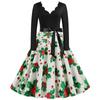 E-Commerce Hepburn Retro Christmas Print V-Neck Splicing Long-Sleeved Pendulum Dress
