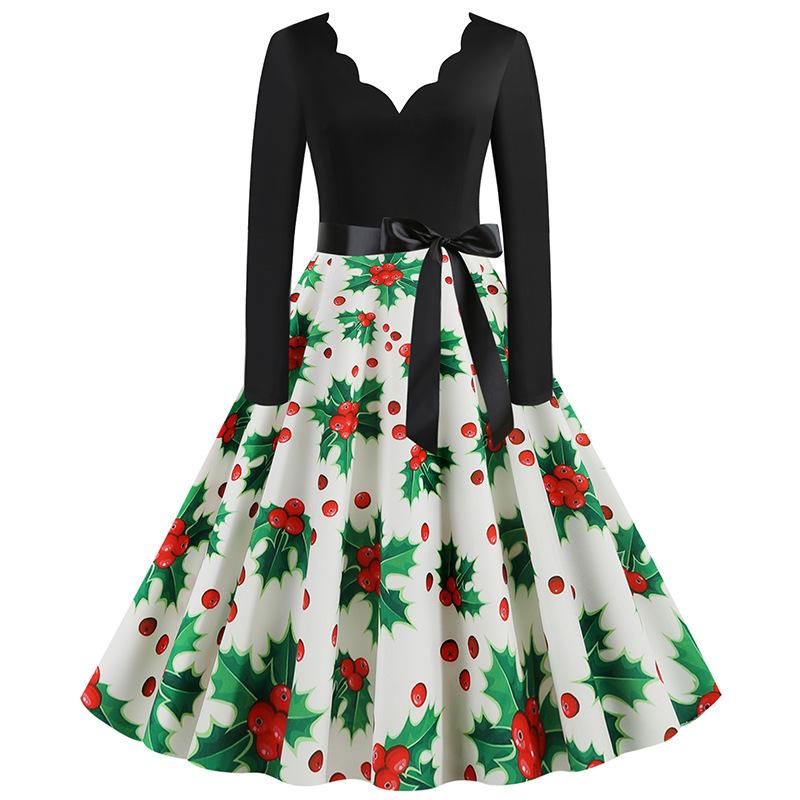 E-Commerce Hepburn Retro Christmas Print V-Neck Splicing Long-Sleeved Pendulum Dress