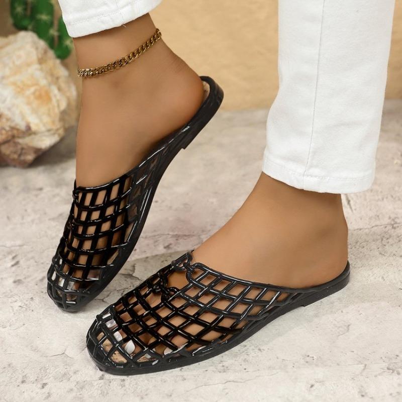 Summer Ladies Flat Bottom Hollow Comfortable Jelly Sandals Beach Slippers Breathable Slip-On Shoes