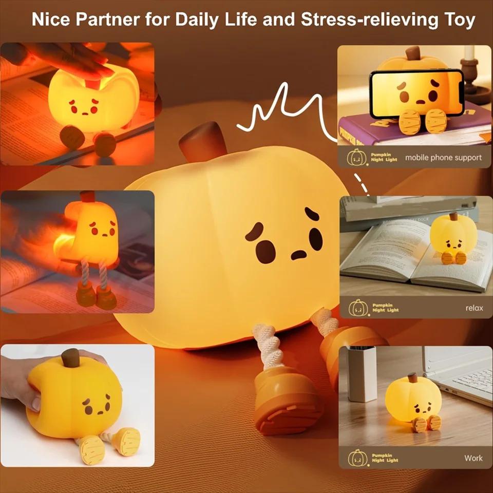 Sad Face Pumpkin Night Lights Cute Soft Silicone Safe Lamp Decorations Timing Dimmable Bedside Decor Kids Baby Halloween Gifts Holiday