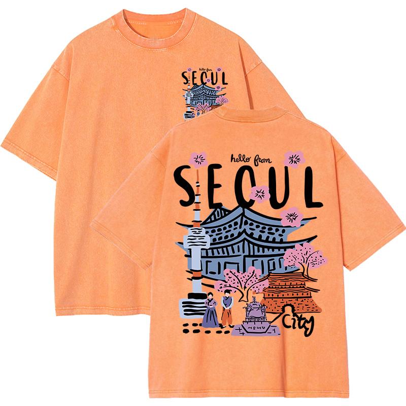 Seoul Beautiful Scenery Printed Washed T Shirt Female Summer Crewneck Clothes Trendy Cotton Short Sleeve Casual New T-Shirts