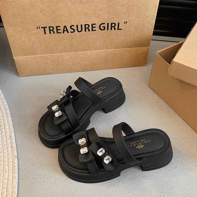 Foreign Style Bow Outer Wear One-word Drag Women's New Summer Thick-bottomed Rhinestone Muffin Versatile Cool Slippers