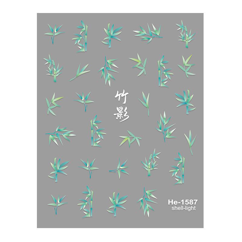 Redanco 5D Embossed Cartoon Nail Stickers - Light Emerald Bamboo Leaf Design (Model: He1588)
