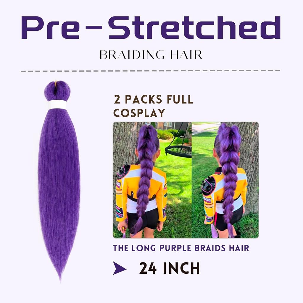 Purple Braiding Hair Extensions, Synthetic Pre-Stretched Purple Braiding Hair for Braids Cosplay Halloween Stage Performances