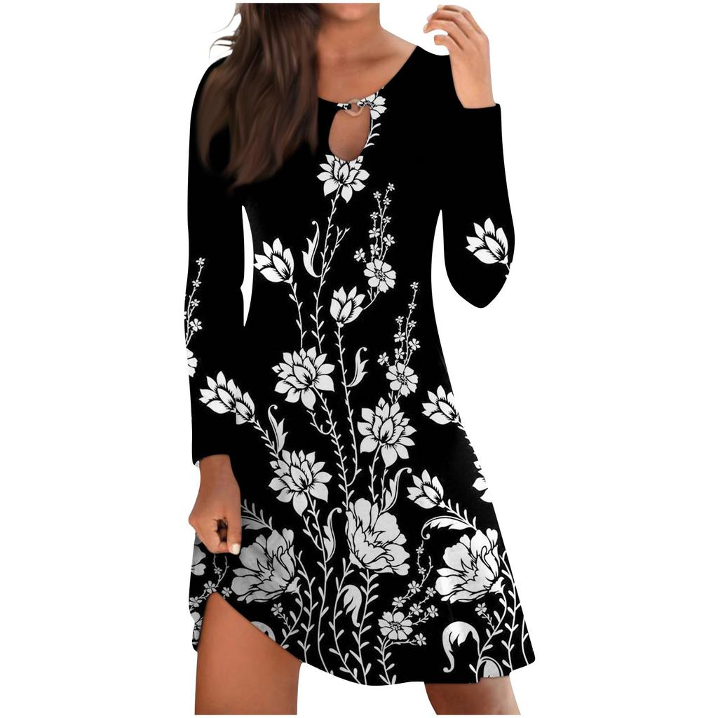 Women's Casual Comfortable Print Long-sleeve Chest Hollow Big Swing Dress