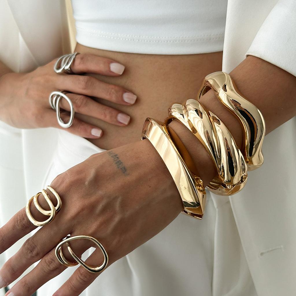 Jewelry, Simple Threaded Mirror Metal Wind Bracelet, Simple Heavy Industry Smooth Corrugated Stacked Jewelry