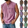 Men Vintage Acid Washed Sleeveless Henley Vest Stand Collar 3 Buttons Chest Pocket Casual Tank Top