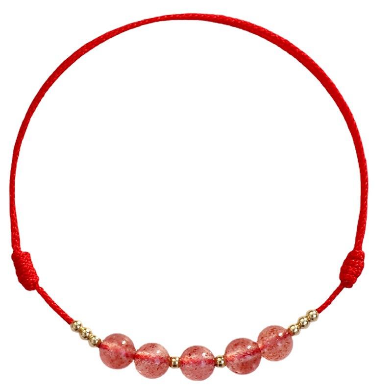 Original Red String Woven with Natural Strawberry crystal9Silver Anklet for Women with Bells and Crystals, Vintage Simple Star-shaped Ankle Chain
