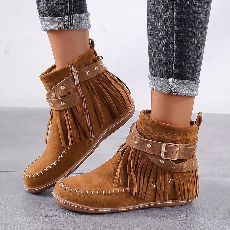 Women Comfortable Zip Tassels Ankle Boots Women Designer Retro Outdoor Flat Short Boots Spring Autumn  New Shoes for Women